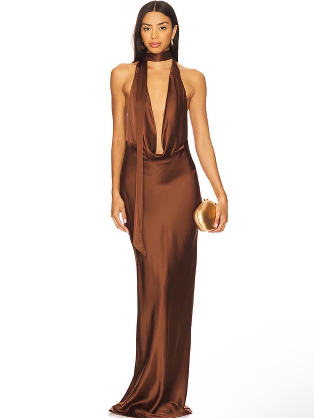 NBD Naila Chocolate Satin Plunge Scarf Halter Maxi Gown